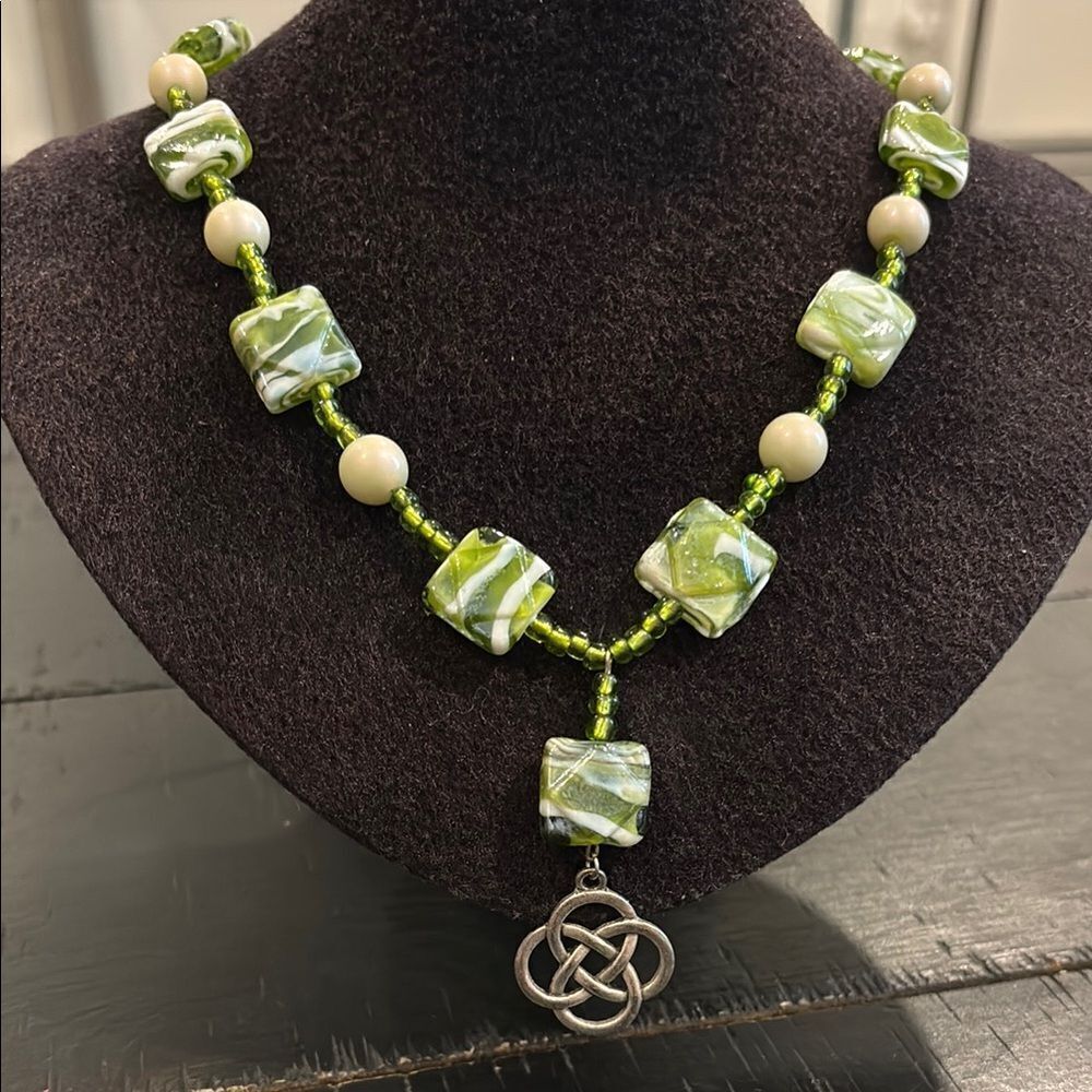 Vintage Celtic Pendant Green Glass Bead Silver Tone Beaded Necklace